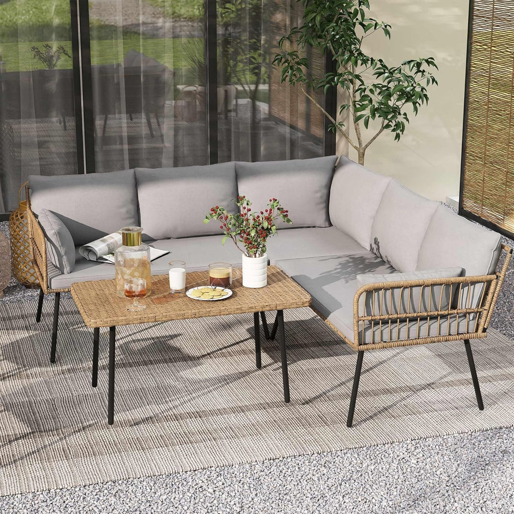 Patio Furniture Set, 4 Pieces Outdoor Patio Conversation Set, All-Weather PE Rattan Sectional L-Shaped Sofa with Soft