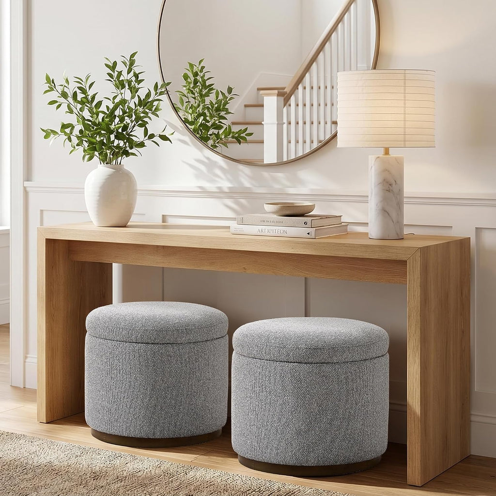Round Storage Ottoman, 20" Boucle Ottoman Foot Rest Stool(Light Grey) | Hidden Storage Accent Ottoman , Solid Wood