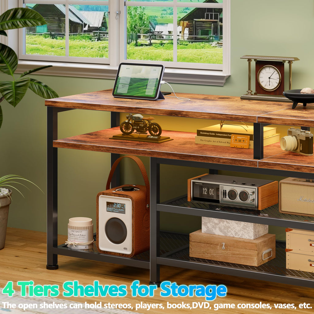 71 Inch TV Stand with Power Outlets & LED Lights, Rustic Brown