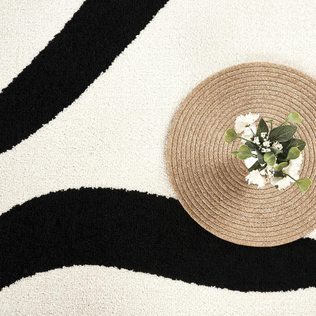 5x8 Black and Cream Area Rug | 5' x 8' White Abstract Swirl Wave Carpet | Beige/Ivory Geometric Wave Design |