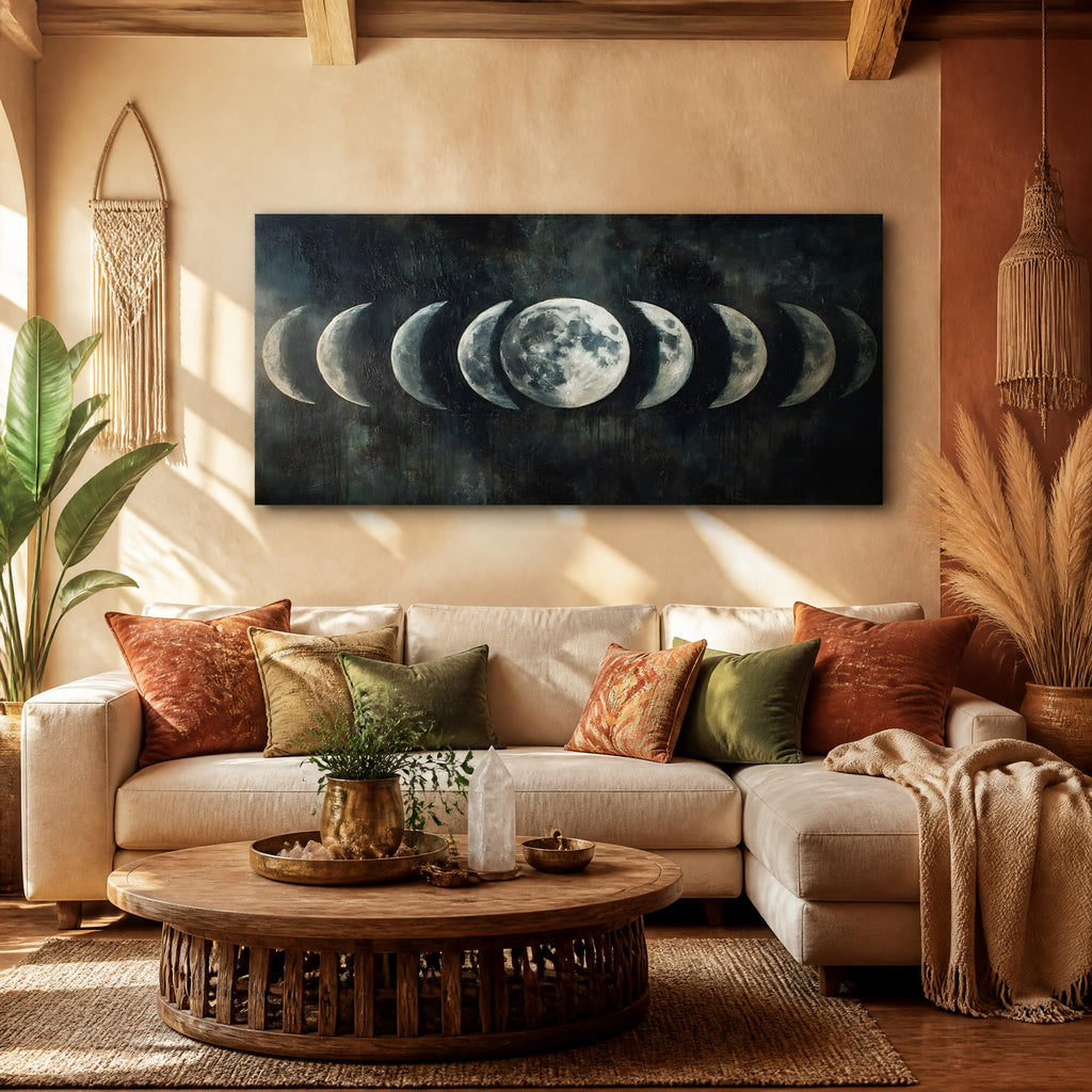 Moon Phase Canvas Wall Art Lunar Cycle Celestial Painting Flat Print Gallery Wrapped Dark Moody Artwork Bedroom