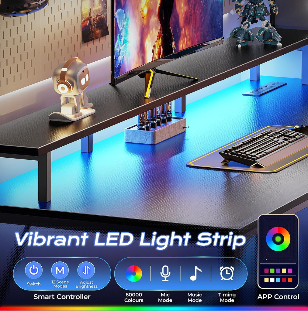 55 inch Gaming Desk, LED & Power Outlets, Monitor Stand, Black | Sturdy PC Desk , Study & Work, LED Lights, 4 AC