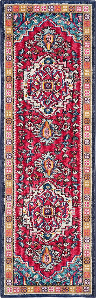 Monaco Collection Runner Rug, Red & Turquoise, Boho Oriental Medallion Design, Non-Shedding & Easy Care