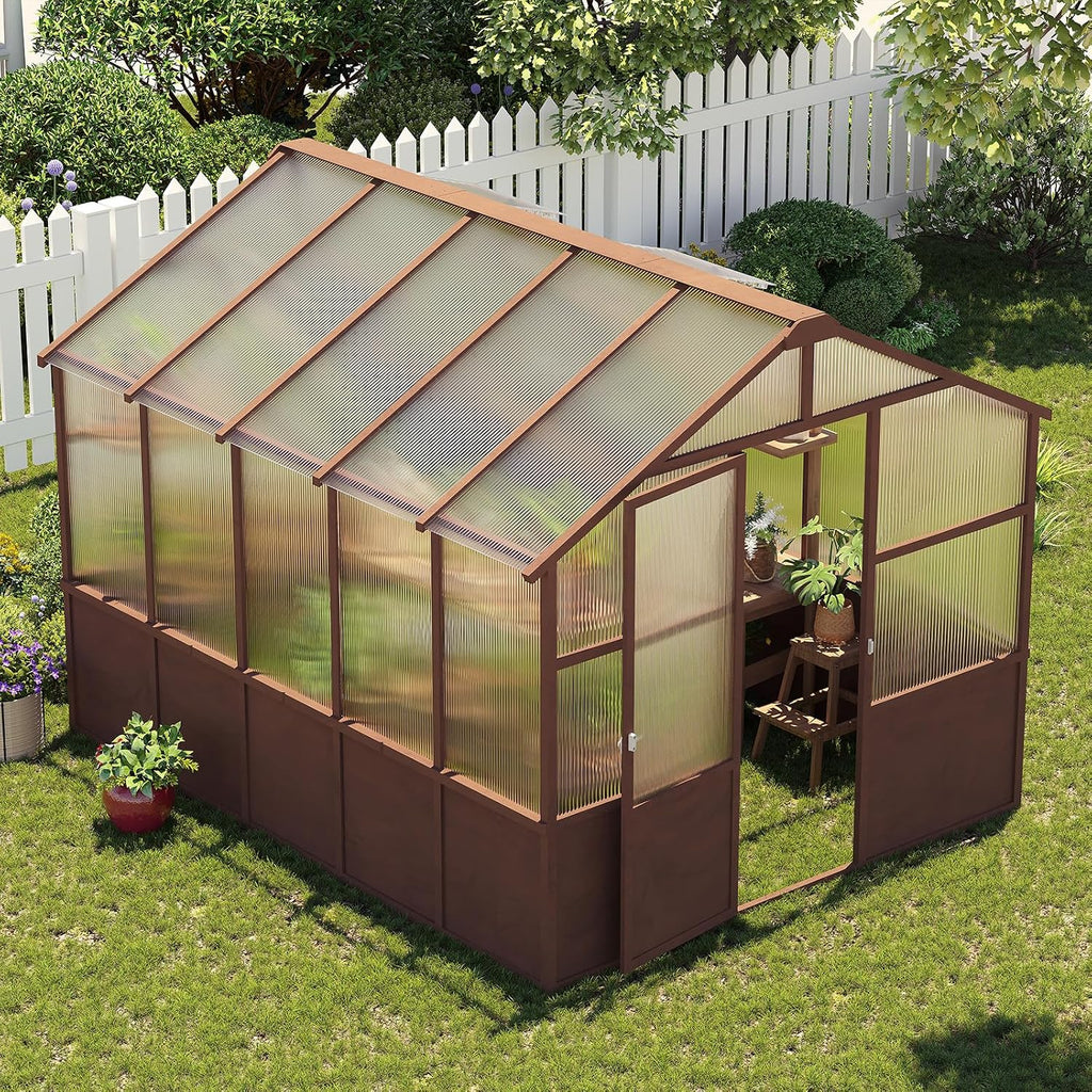 8x10 FT Outdoor Wooden Walk-in Greenhouse, Heavy Duty Pine Wood Green House with 6MM Thick Polycarbonate Panels