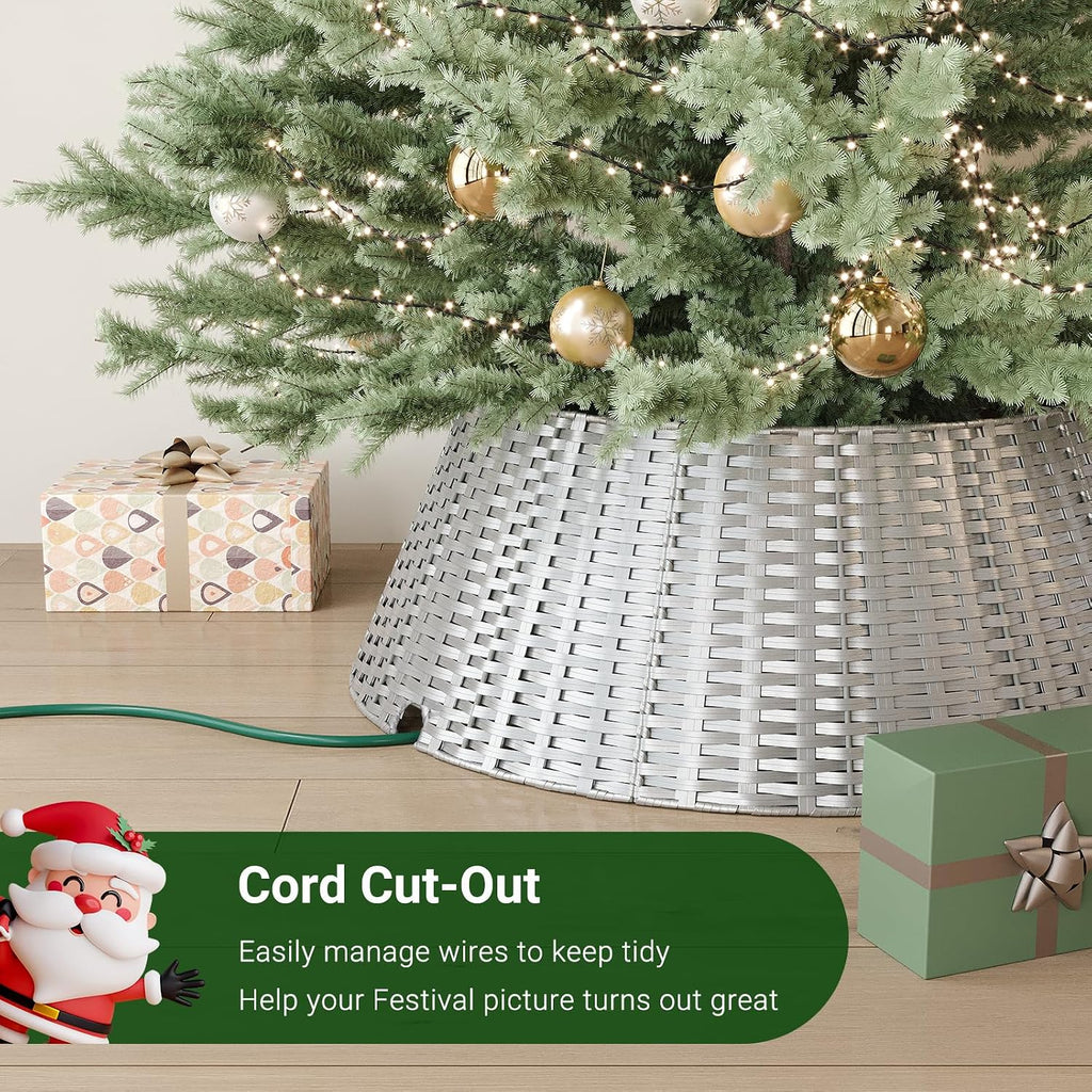 Christmas Tree Collar, 28 Inch Silver Woven Xmas Tree Skirt for 7.5 ft Trees, Stylish Rustic Basket for Tree Base