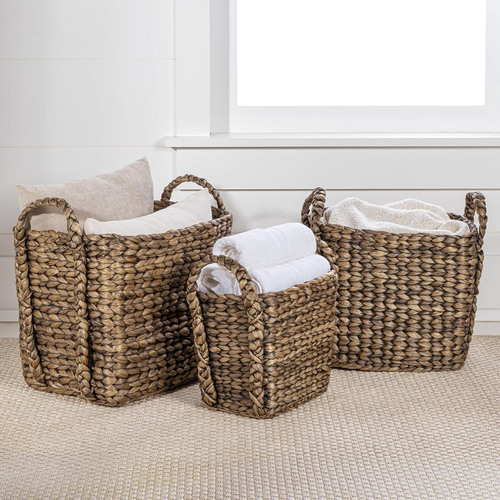 Clara 3-Piece Nesting Water Hyacinth Floor Baskets 17", Brown | Farmhouse Classic Handwoven Rectangle Wicker Seagrass