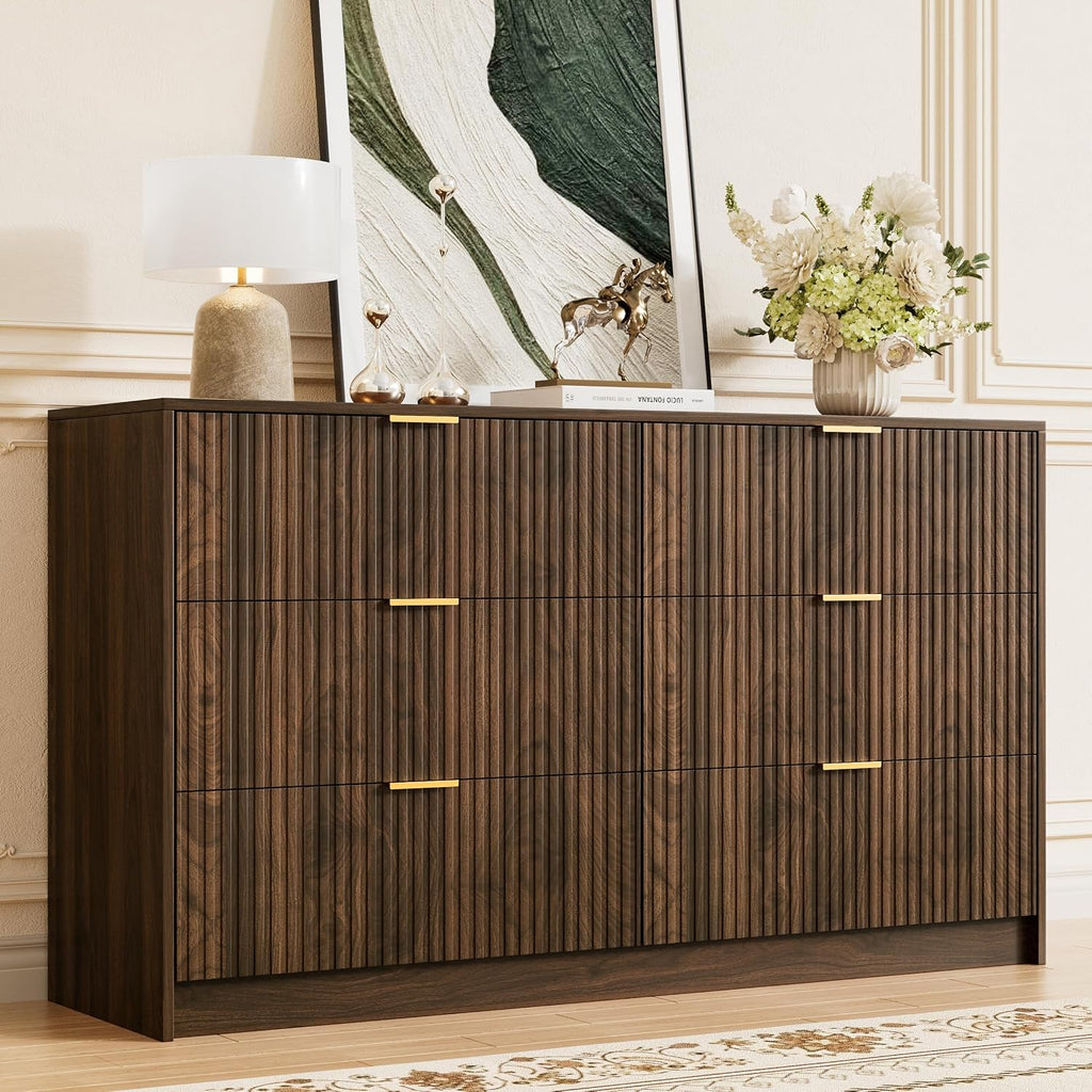 Walnut Dresser , Modern Dresser with 6 Drawers and Smooth Slides, Wide Chest of Drawers with Golden Handles , Closet