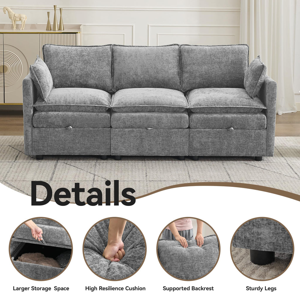 80" Cloud Modular 3 Seater Sofa with Storage, Modern Upholstered Storage Sofa Couch Deep Seat, Sectional Sofa