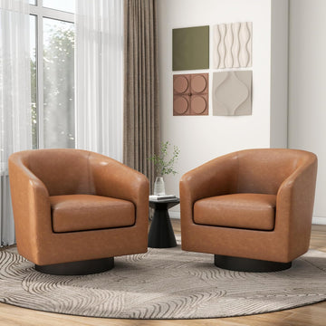 Faux Leather 360° Swivel Barrel Accent Chair Brown - Set of 2