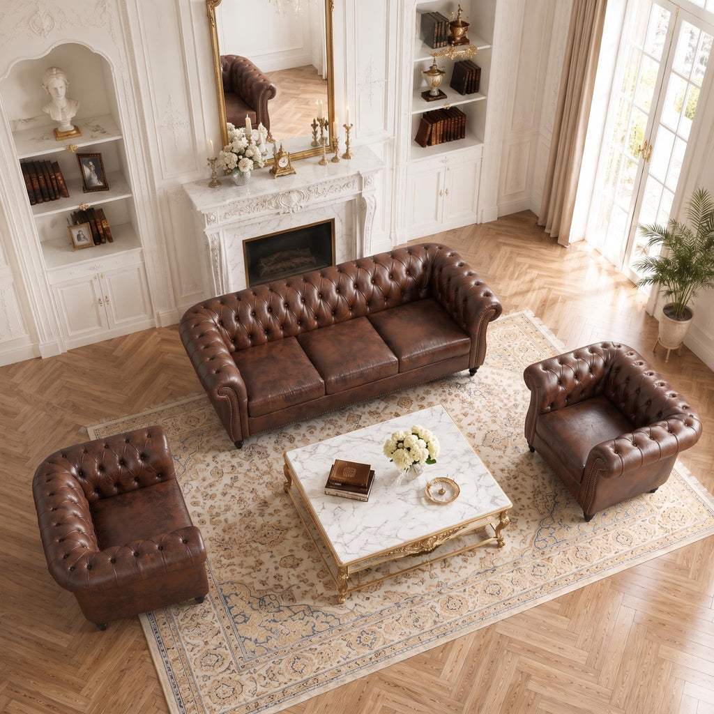 3 Piece Living Room Set, Chesterfield Sofa & 2 Accent Chairs, Faux Leather Couch Set with Tufted Backrest & Nailhead