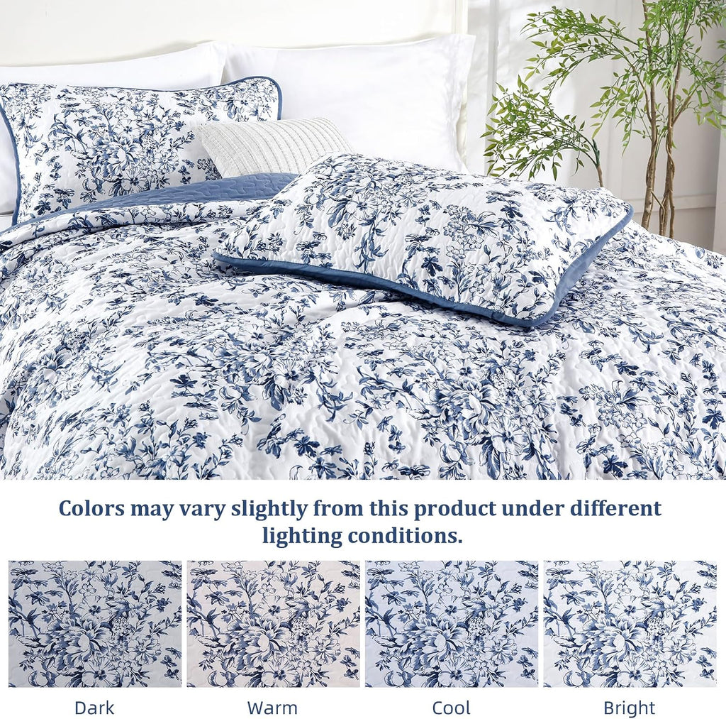 Quilt Queen, Blue Quilt Bedding Set with 2 Pillowcases, Botanical Quilts for Queen Bed, Soft Microfiber Lightweight