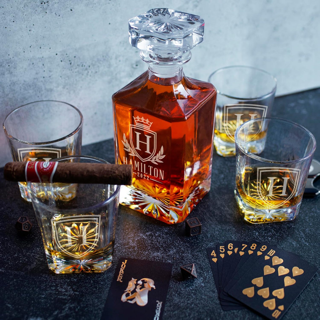 Personalized Whiskey Decanter Set - 5 Design Options - Custom Liquor 25 oz, 750ml Liquor Decanter w/Whiskey Glass Set