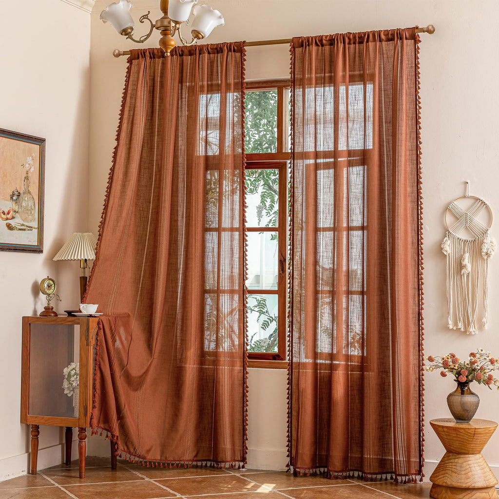 Bohemian Farmhouse Ceiling Curtains with Macrame, Semi Sheers Light Filtering Privacy Protect Hollowed-Out Window