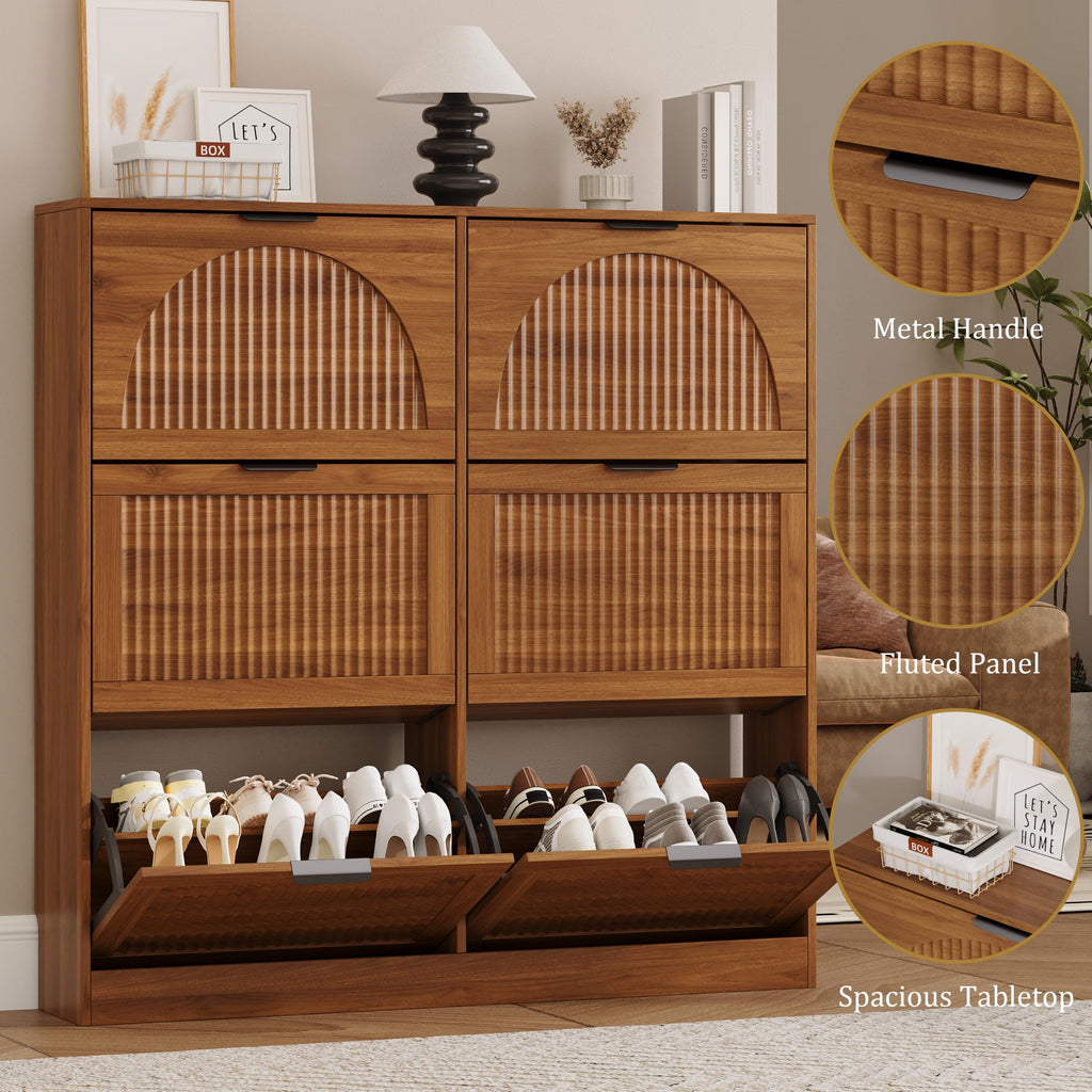 Fluted Shoe Storage Cabinet, 6 Flip Drawers, Walnut