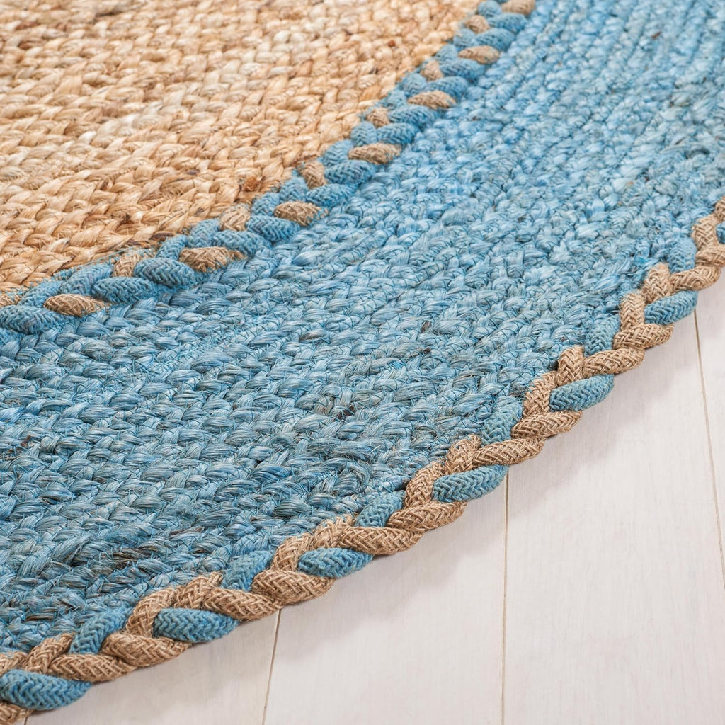 Natural Fiber Collection Area Rug - Oval, Natural & Blue, Handmade Jute, Ideal for High Traffic Areas