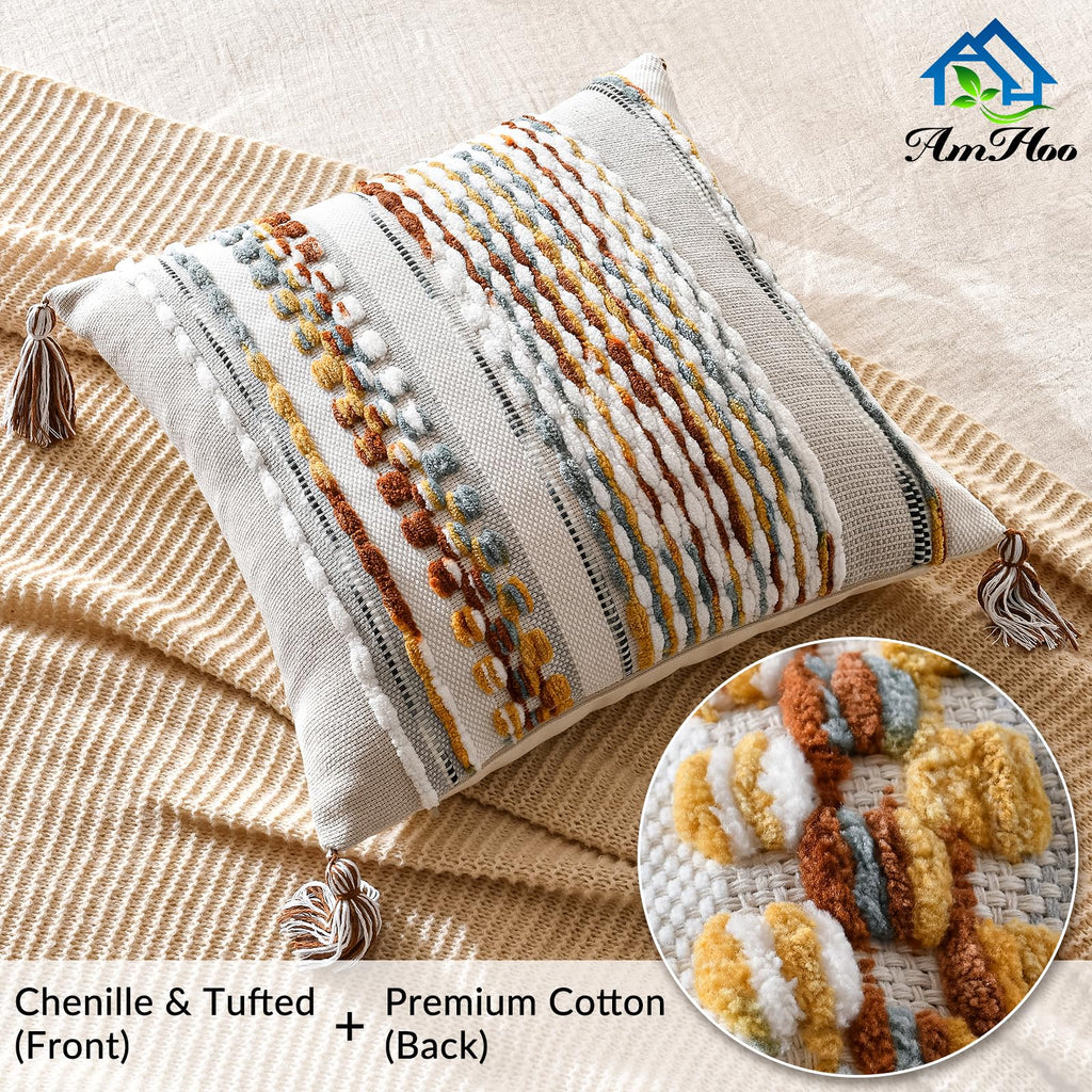 Set of 2 Chenille Striped Textured Boho Throw Pillow Covers Aesthetic with Tassels Woven Decorative Pillow Case for
