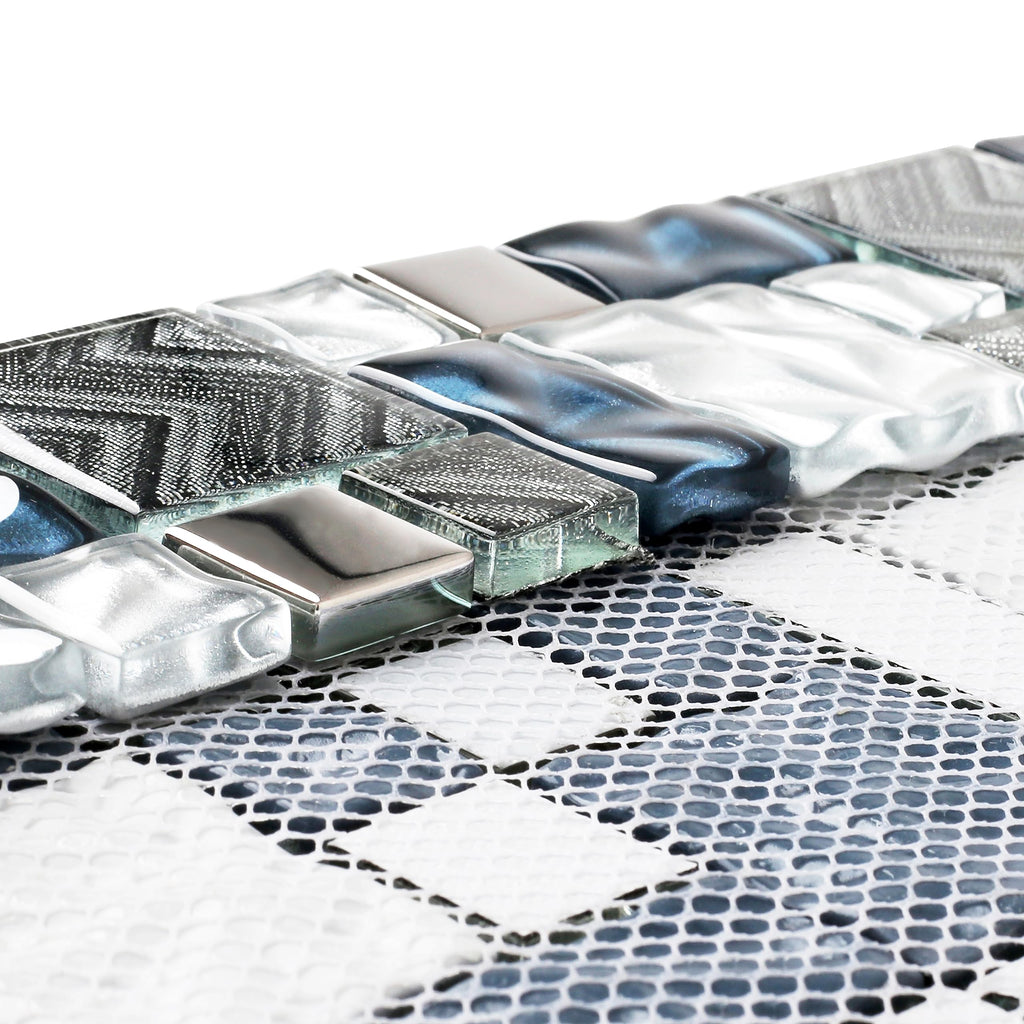 Blue White Glass Tile Bathroom Backsplash Wall Versailles Pattern Mosaic [Set of 5]