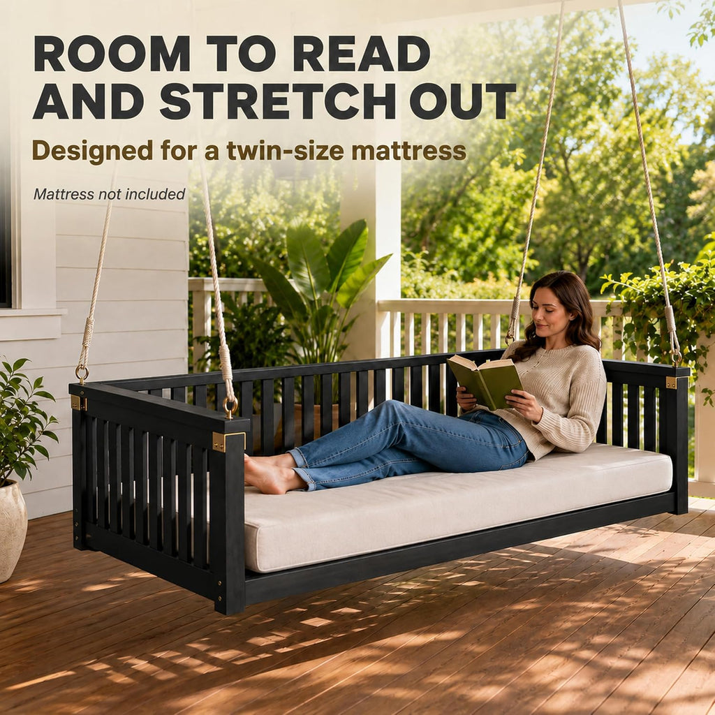 Outdoor Porch Swing Bed, Twin Size Acacia Wood Daybed (Black) | Acacia Wood Frame, Hemp Ropes, Fits Twin Mattress
