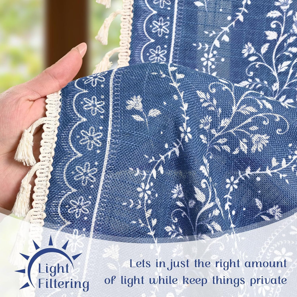 Boho Valance Curtains Vintage Linen Blue Kitchen Valances for Windows Light Filtering Bohemian Floral Valance Rod