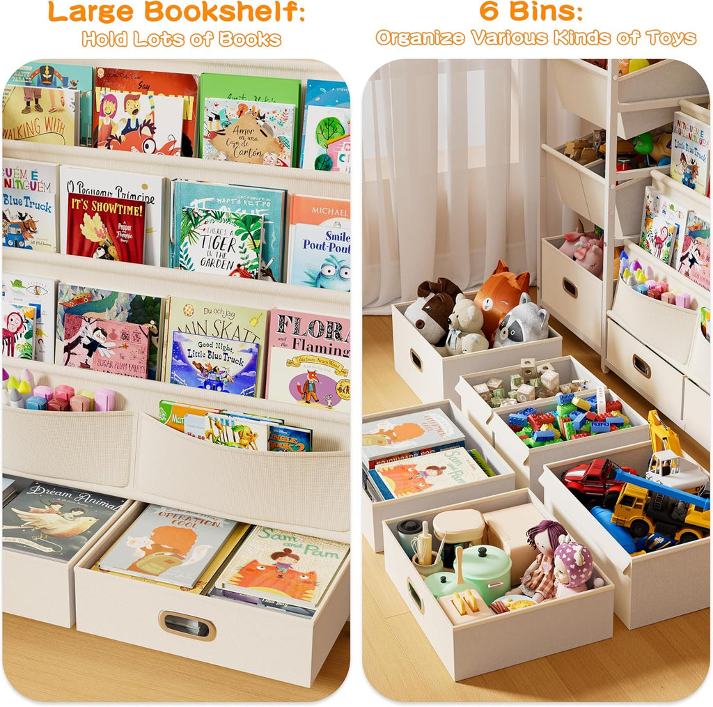 Kids Bookshelf and Toy Storage with 6 Toy Bins - Book Shelf for Kids Rooms | Toddler Bookshelves Baby Bookcase