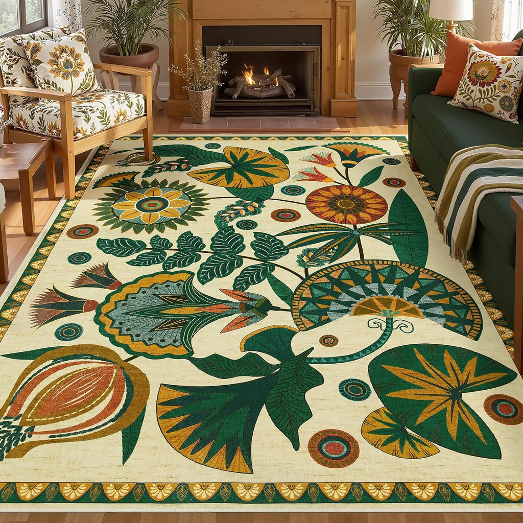 Egypt Floral Boho 9x12 Rugs for Living Room, Large Beige Washable Area Rug for Bedroom Dining Room T