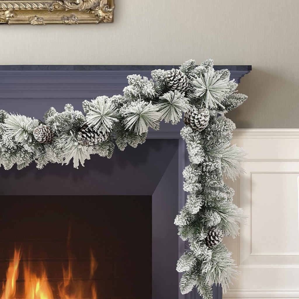 9 ft x 10 in Flocked Berkshire Spruce Garland, 170 Tips, Pine Cones