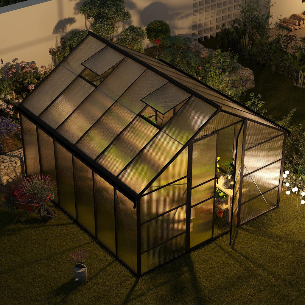 10x12 FT Greenhouse for Outdoors, Polycarbonate Greenhouse with Roof Vent, Enhanced Aluminum Large Walk-in Green