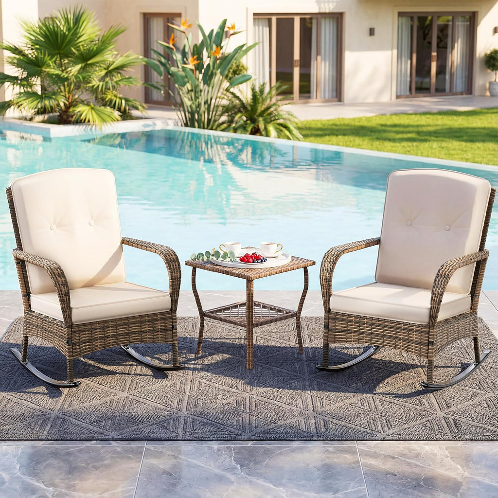 3-Piece Wicker Rocking Bistro Set, Outdoor Rattan Chairs | Rattan Table Design | Cushioned Rocking Chairs | Outdoor