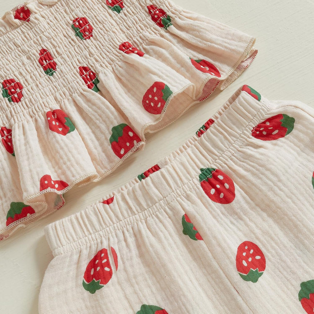 Toddler Baby Girl Strawberry Outfit Cotton Linen Sleeveless Ruffle Crop Tops Pants Set 2Pcs Cute Summer Clothes