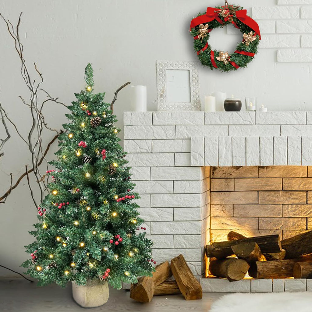 4ft Pre-lit Christmas Tree,Artificial Pine 300 PVC Branches Tips with 20 Red Berries & 20 Pinecone & 100 LED Lights &