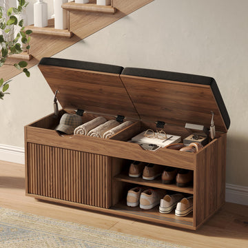 39.4" Fluted Shoe Storage Bench with Lift Top Storage, 2-Tier Shoe Cabinet
