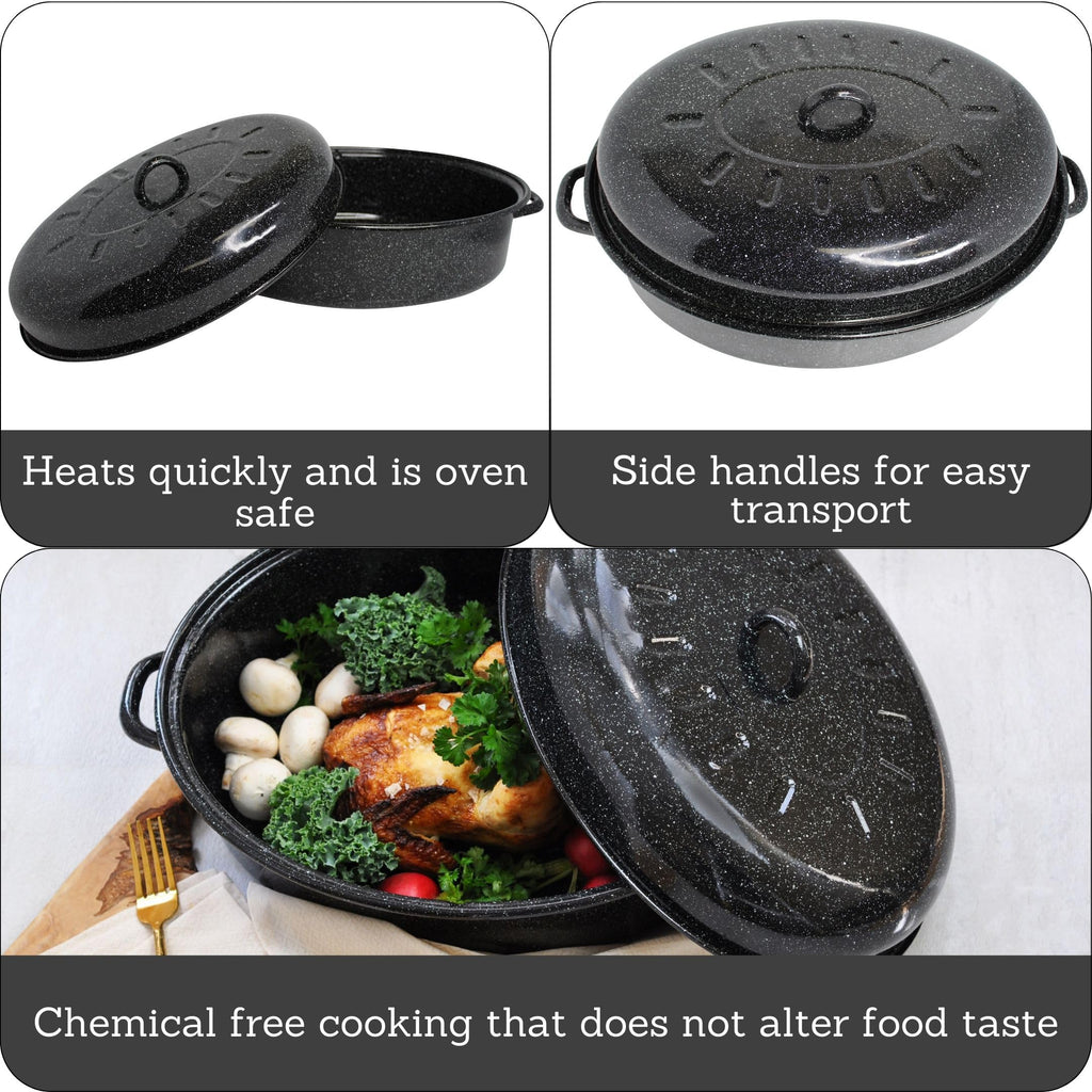 18 Inch Enamel Oval Roaster with Lid for Turkey, Black