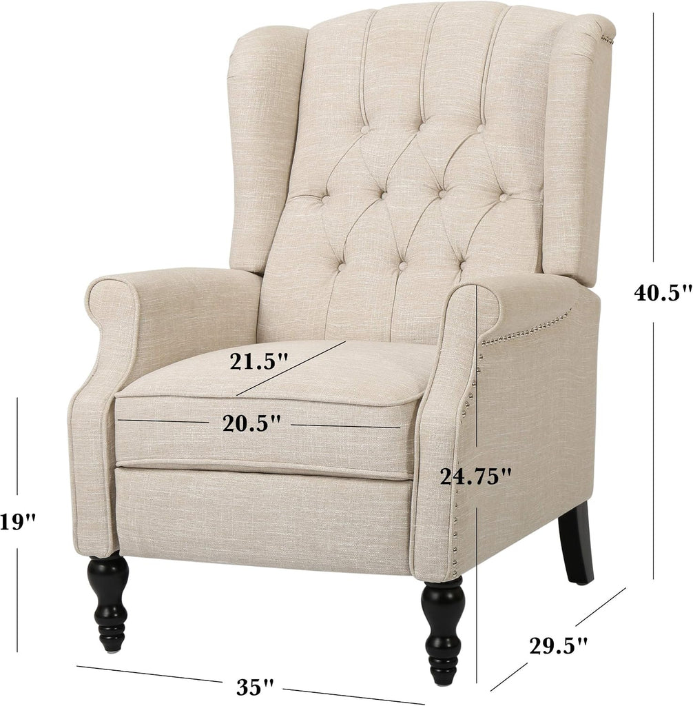 GDF Studio Elizabeth Tufted Fabric Recliner, Vintage Reclining Reading Armchair, Light Beige