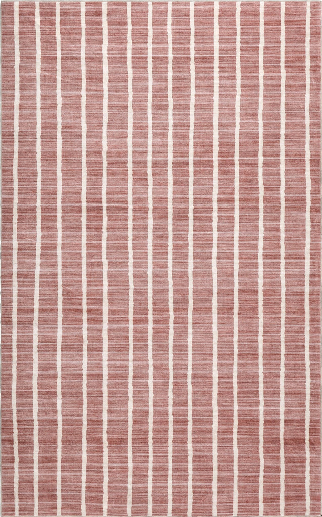 Washable Orton Distressed Ticking Stripe Machine-Washable Polyester Area Rug, Rose Clay and Cream, Farmhouse