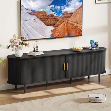 70.8 Inch Mid Century Modern TV Stand with Power Outlet for TVs up to 80 Inch, Entertainment Center with Storage and