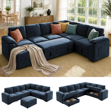 108 inch Modular Sectional Sleeper Sofa with Pull Out Bed, Blue
