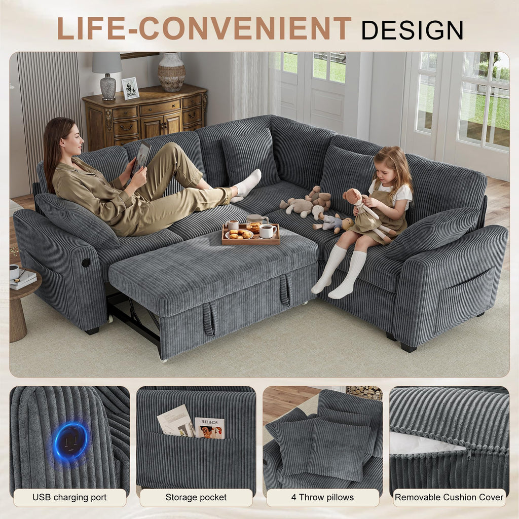 Sectional Sofa with Pull Out Couch Bed, 5 Seats Corduroy Sleeper Sofa with 2 Seat Storage & USB Charging, Comfy L