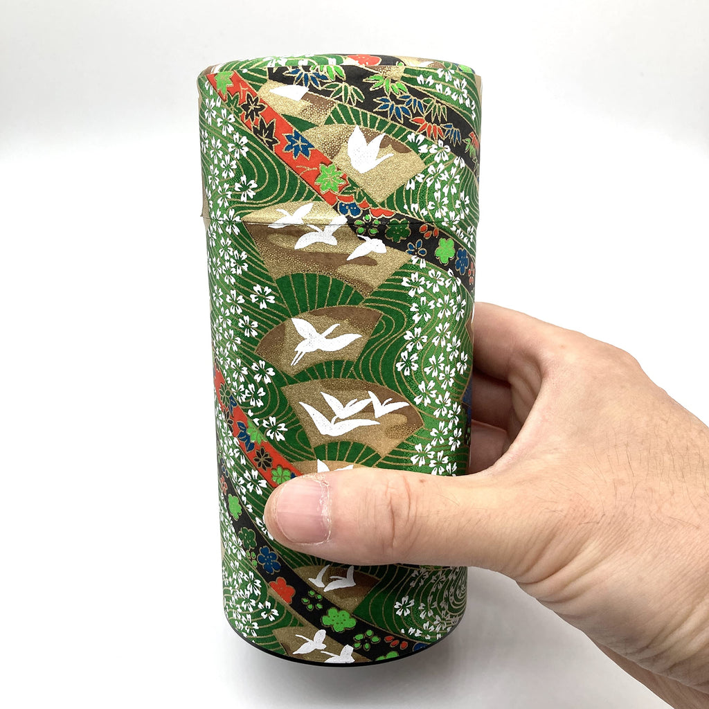 Japanese Tea Canister Tin Crane on a Fan Green/Double Lid/Japanese YUZEN Washi Paper Pasted /200g Tea Capacity/Loose