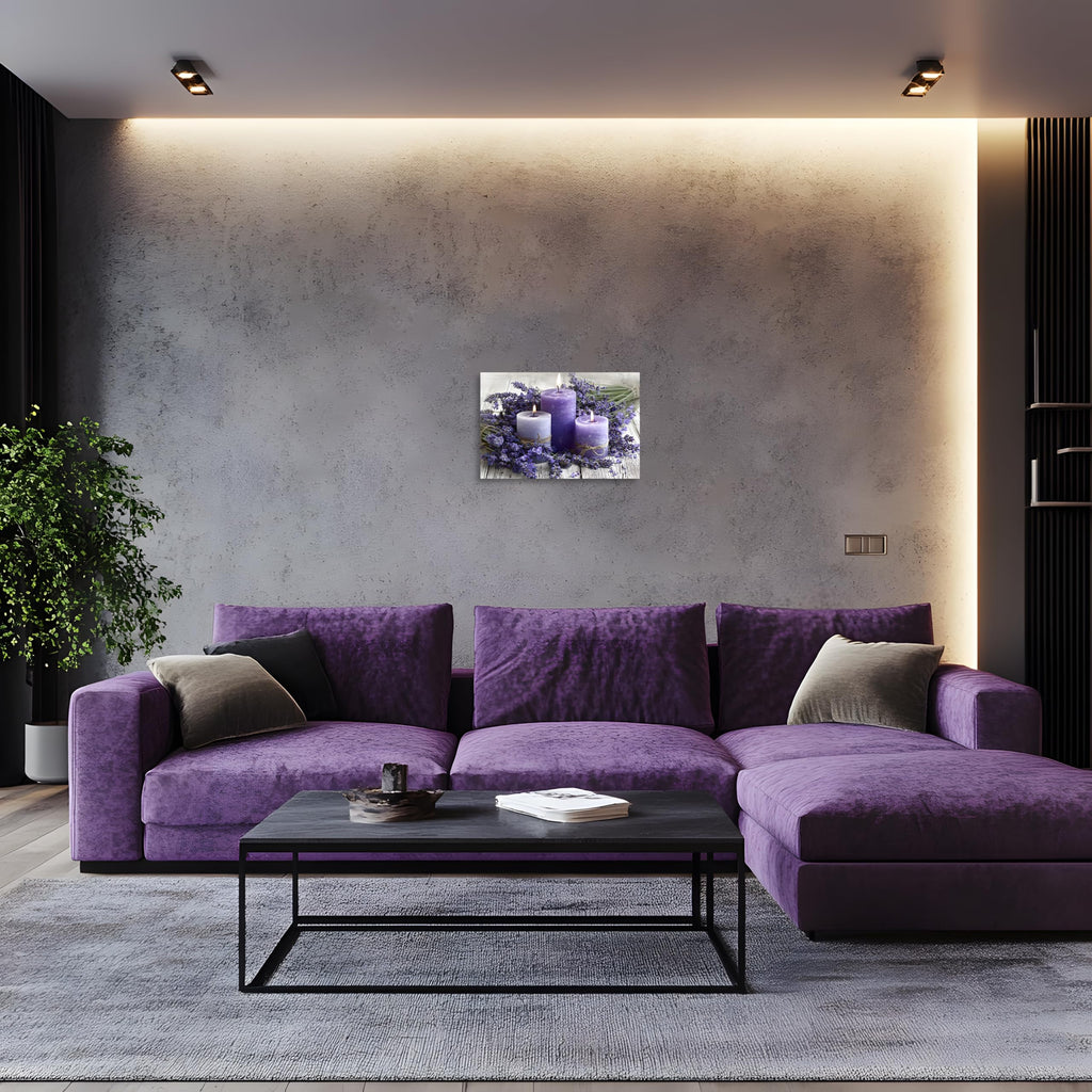 1 Panel Purple Wall Art Purple Wall Decor Lavender with Candle Canvas Picture Modern Flowers Pictures Kitchen Office