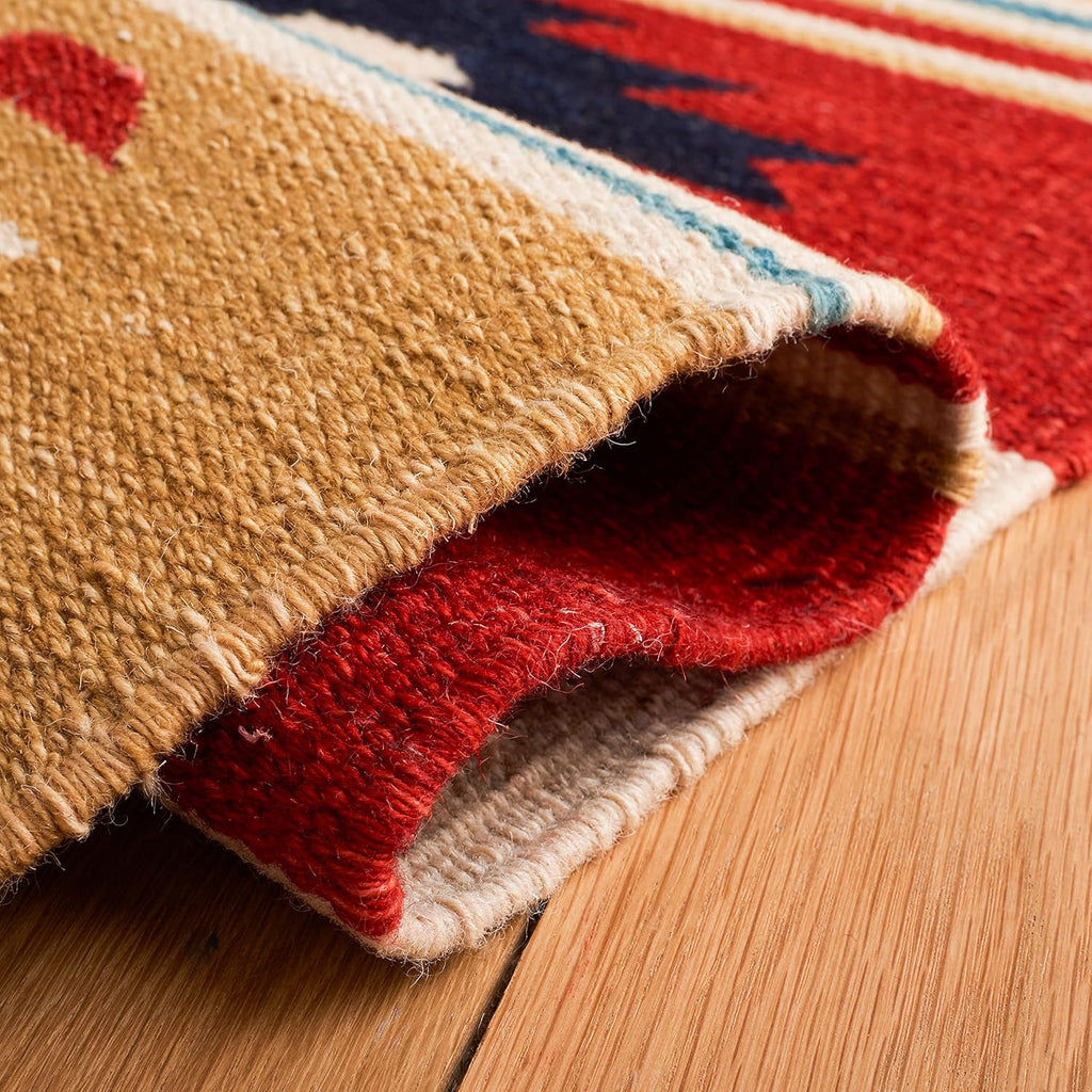 Kilim Collection Area Rug, Beige & Red, Handmade Flat Weave Wool, Ideal for High Traffic Areas (KLM712A)