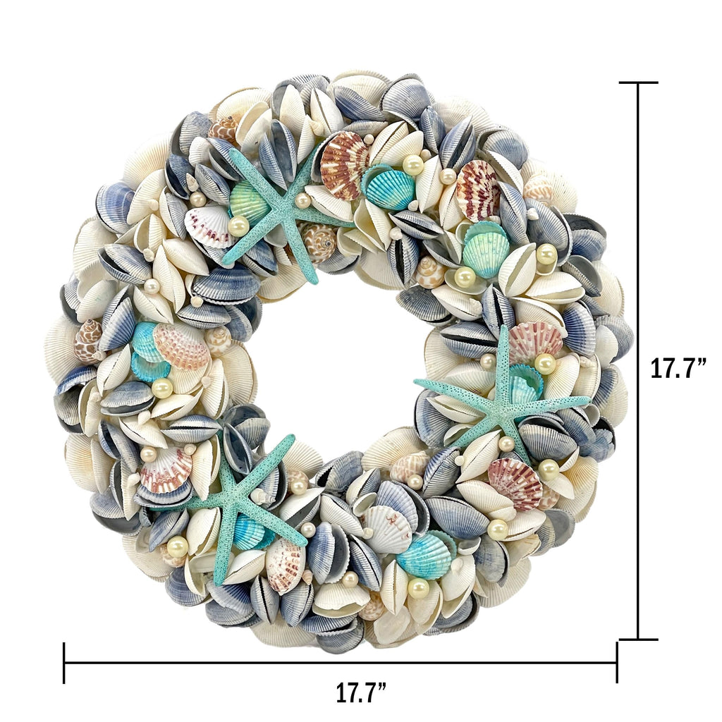 18" Nautical Seashell Wreath, Blue | Coastal Beach Floral Home Decor Indoor Outdoor Real Starfish Pearl Seashells