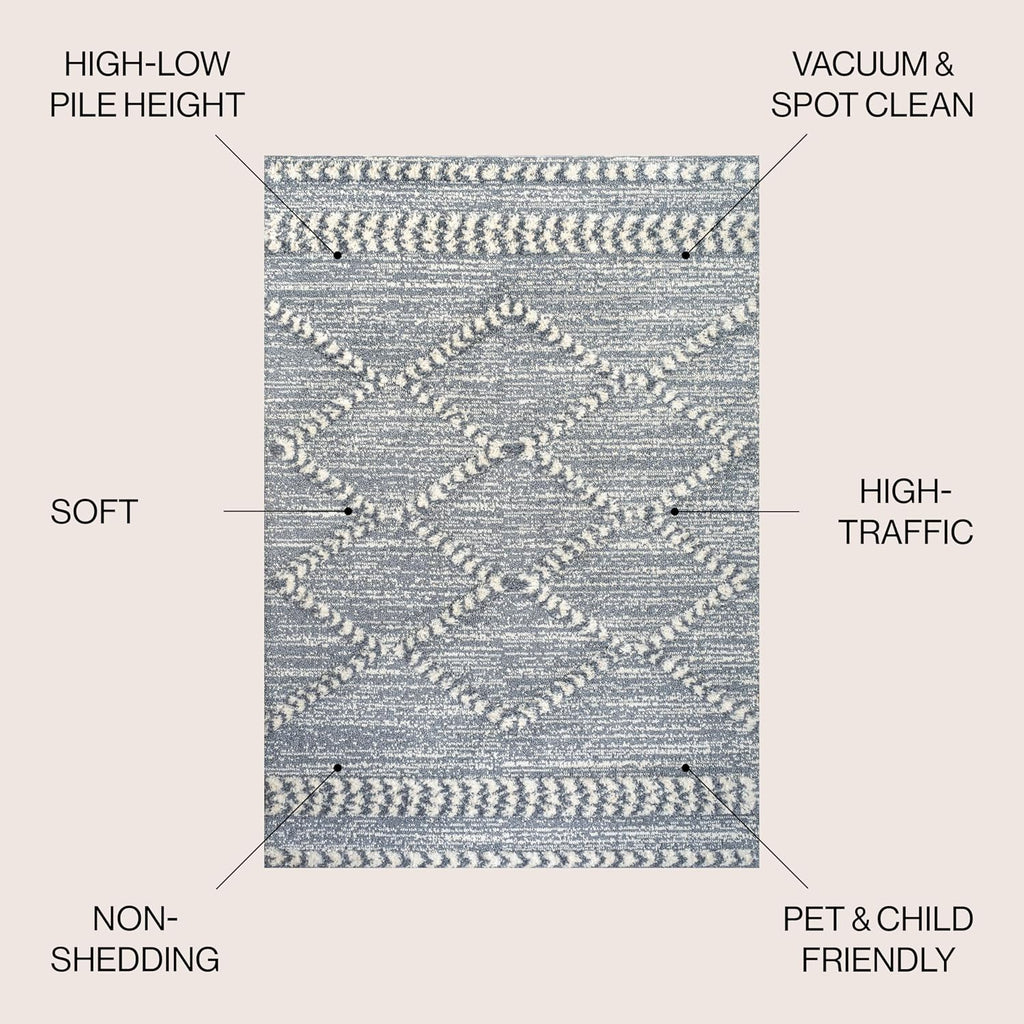 Trellis High-Low Gray/Cream Indoor Area Rug, Sofie Moroccan, Easy-Cleaning, High Traffic, Pet-Friendly