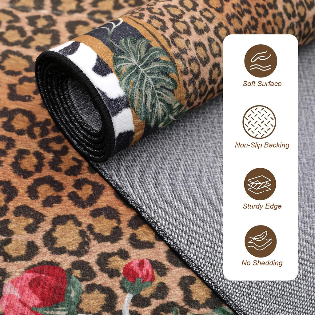 Leopard Area Rugs, Washable Cheetah Rug with Zebra-Striped Border, Non-Slip Low Pile Animal Print Carpet
