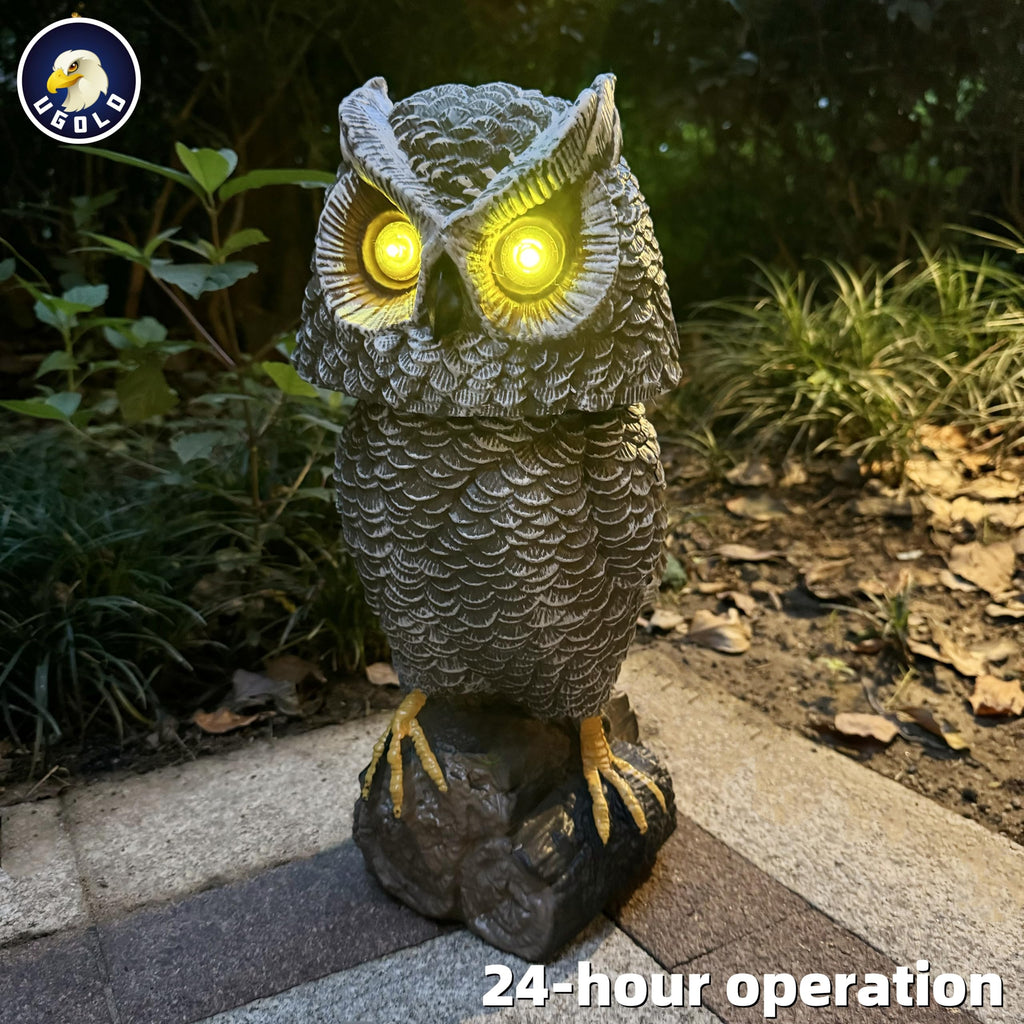 Solar Powered Garden Owl with Motion Detection, Rotating Head, Realistic Hoots and Silent Mode, Outdoor Statue and