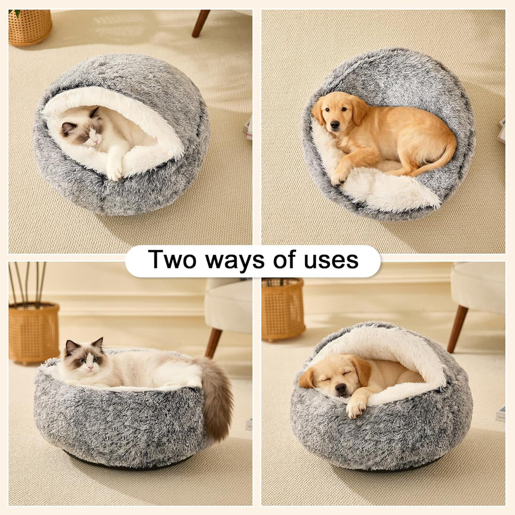 Calming Dog & Cat Cave Bed With Hooded Cover, Removable Washable Round for Small Medium Pets