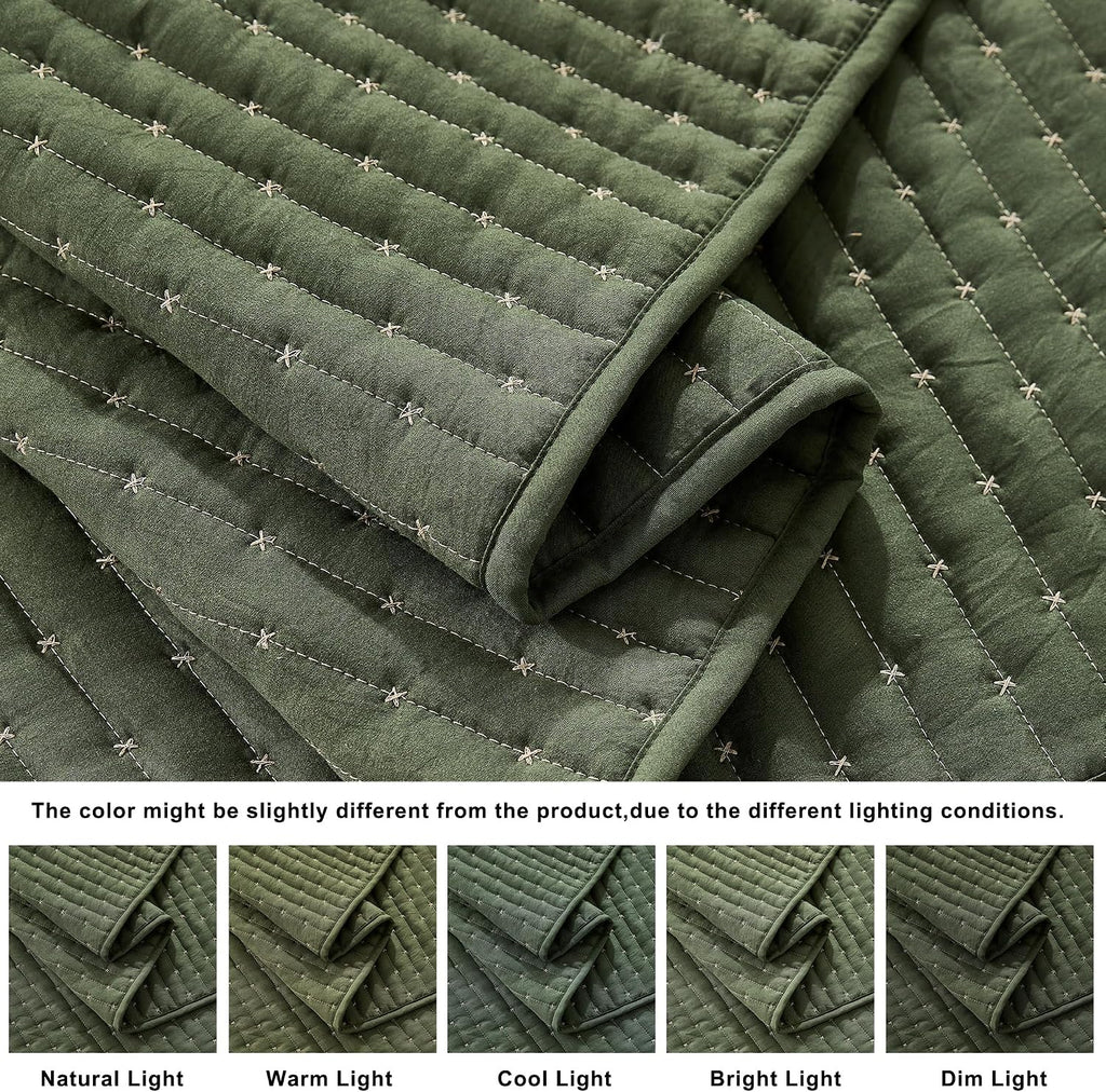 Olive Green Cross Stitch Queen Quilt Set, Striped Lightweight Soft Bedspread, Channel Farmhouse Rustic Coverlet, All