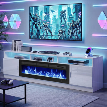 90" Fireplace TV Stand for TVs up to 100", Modern Entertainment Center with 36" Electric Fireplace, Built-in Power