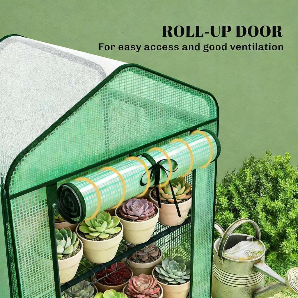 Small Mini Greenhouse with Three-Tier Shelves and Double-Layer Roof | Double-layer roof with zippered door for