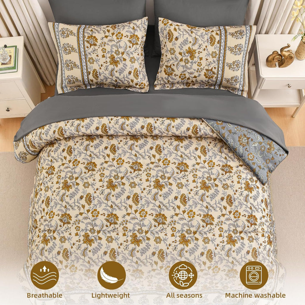 Dinjoy Boho Comforter Set Queen,Beige Brown Bedding Paisley Floral 7 Piece Bed in a Bag Reversible Lightweight