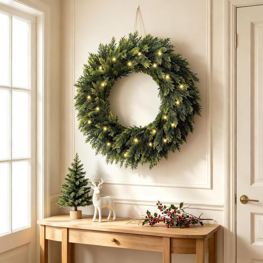 30 Inch Real Touch Lighted Christmas Cedar Wreath for Front Door | Artificial Greenery Foldable Wreath with Lights